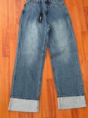 Fashion Nova Rhinestone Cuff High Waist Wide-Leg Jeans